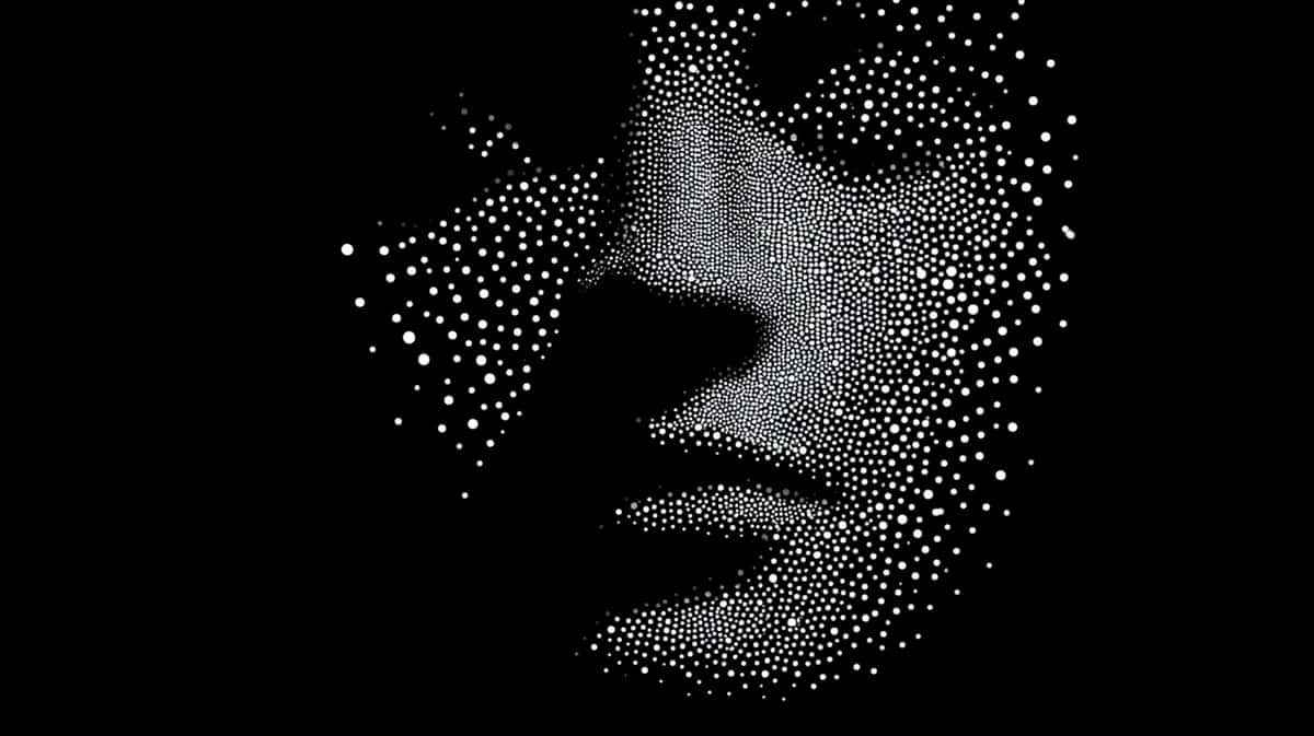 Abstract portrait dissolving into particles, monochrome grayscale, scattered dots fading into black background