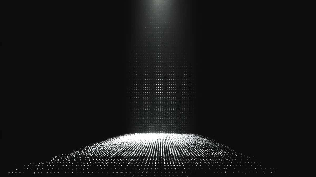 Abstract particle sphere illuminated by vertical light beam, dark monochromatic composition with glowing particles