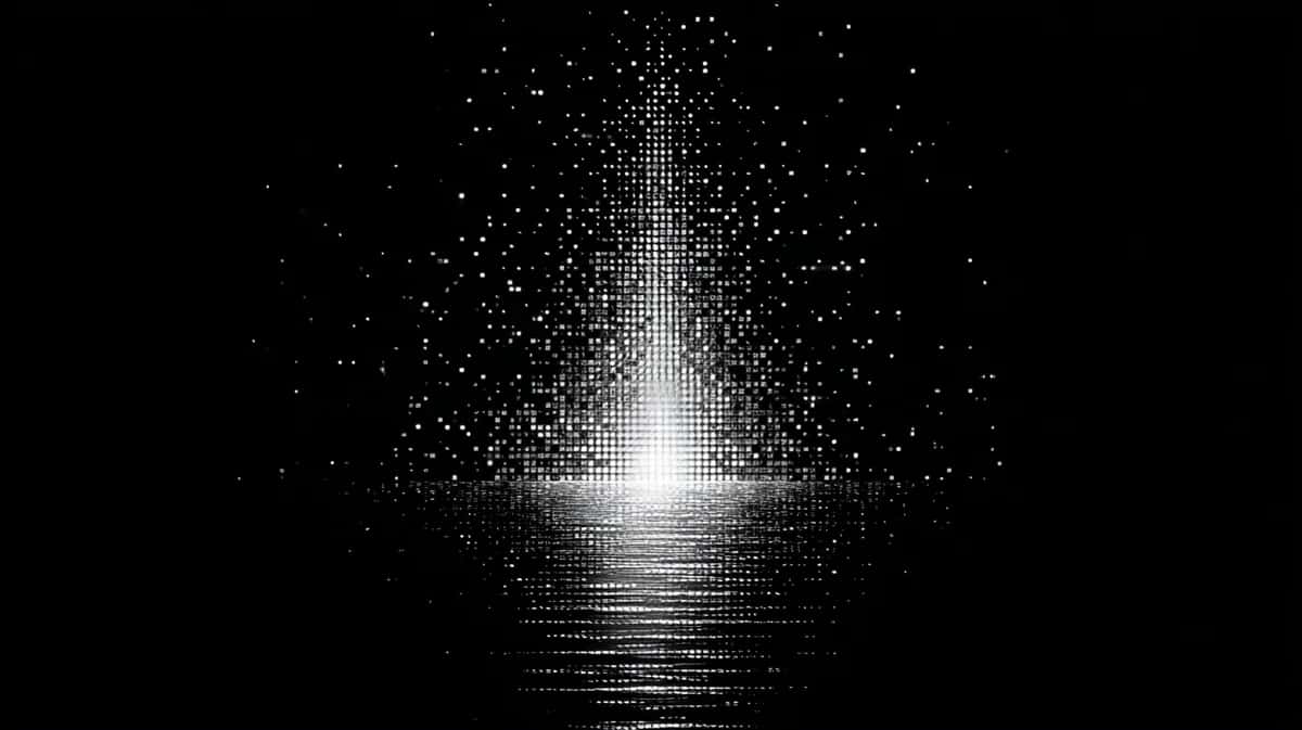 Light burst explosion with particles dispersing upward, monochromatic white and black gradient, centered vertical composition