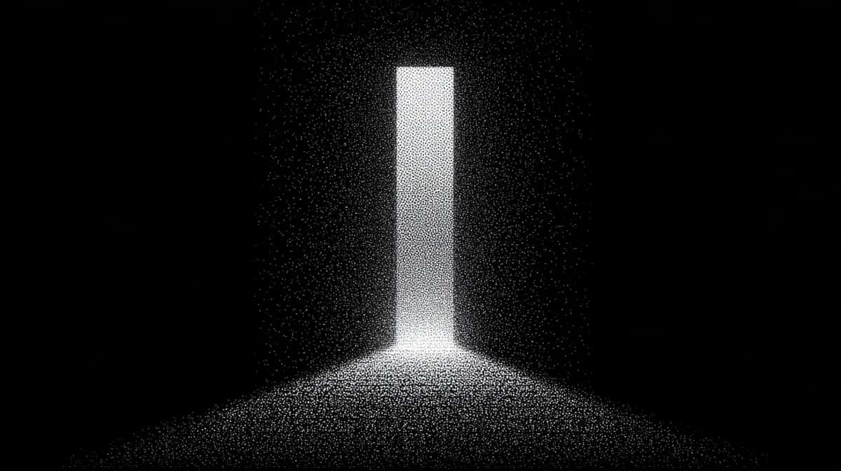 Minimalist doorway with bright white light streaming through dark textured walls, high contrast monochromatic composition