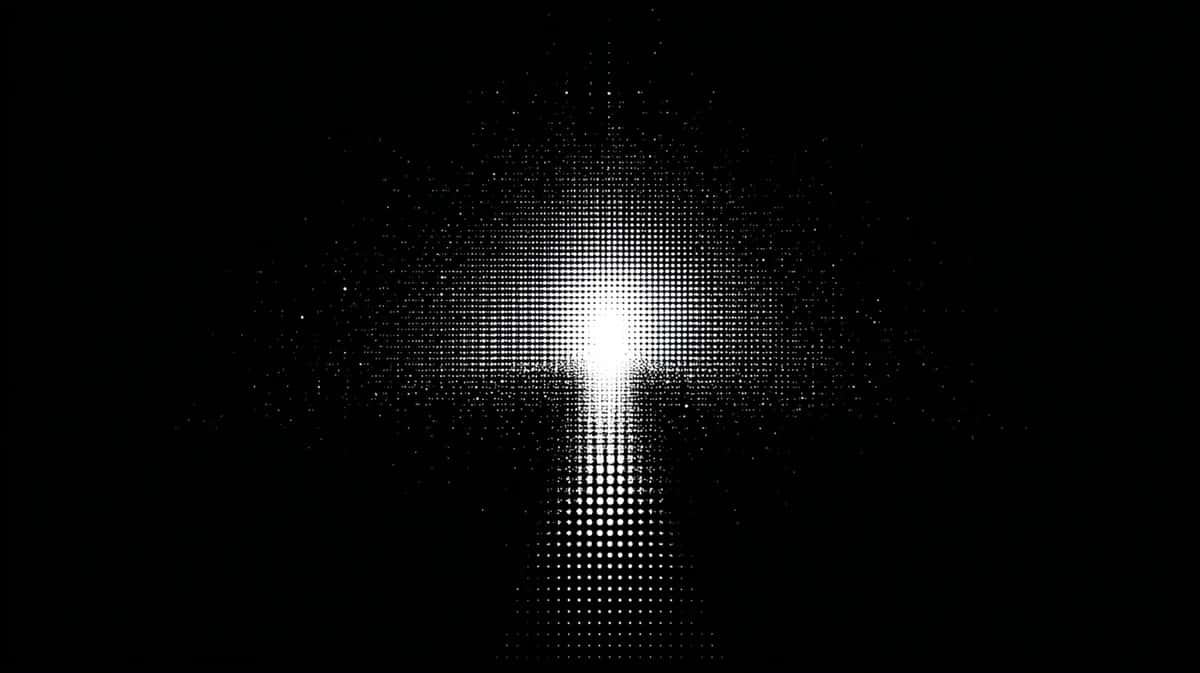 Glowing white cross with radiating light particles on dark black background