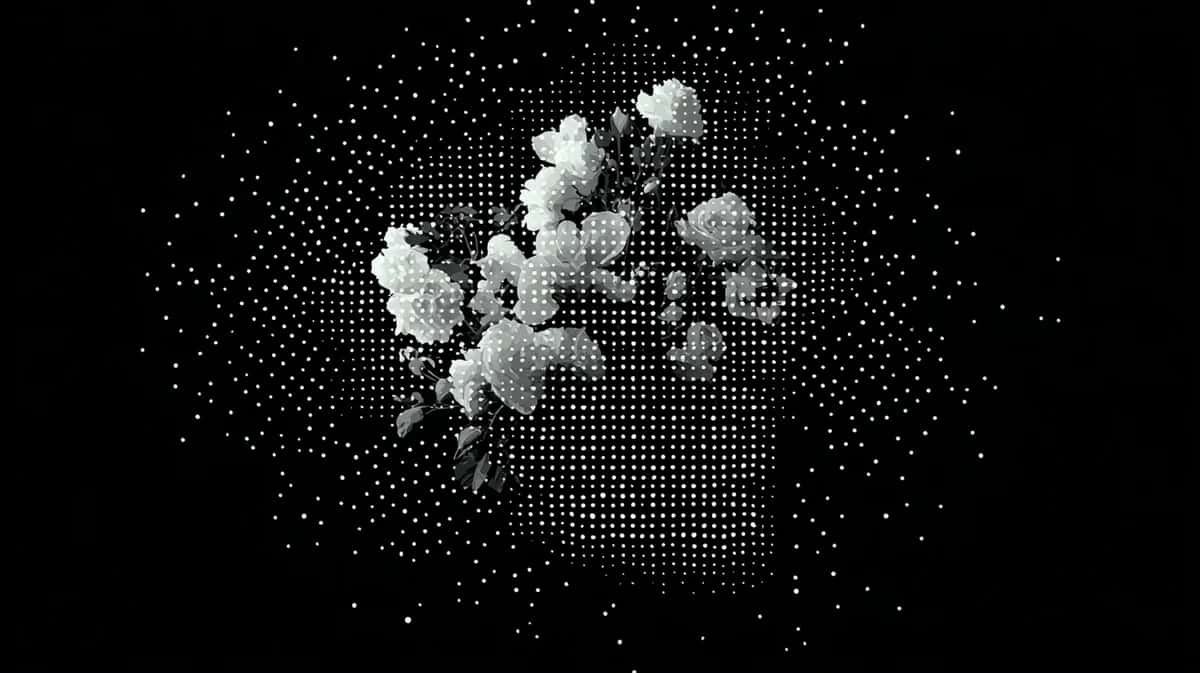 Abstract white particles dispersing from cubic grid structure against black background