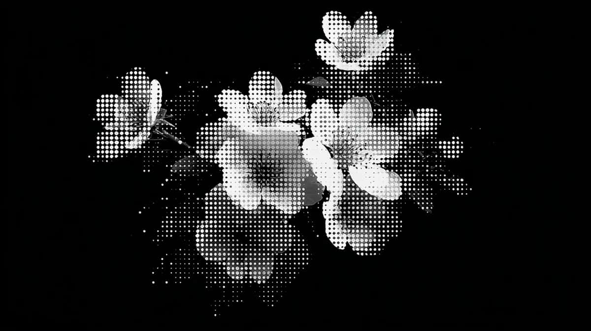 Halftone white floral clusters on black background with scattered particles, dotted texture style