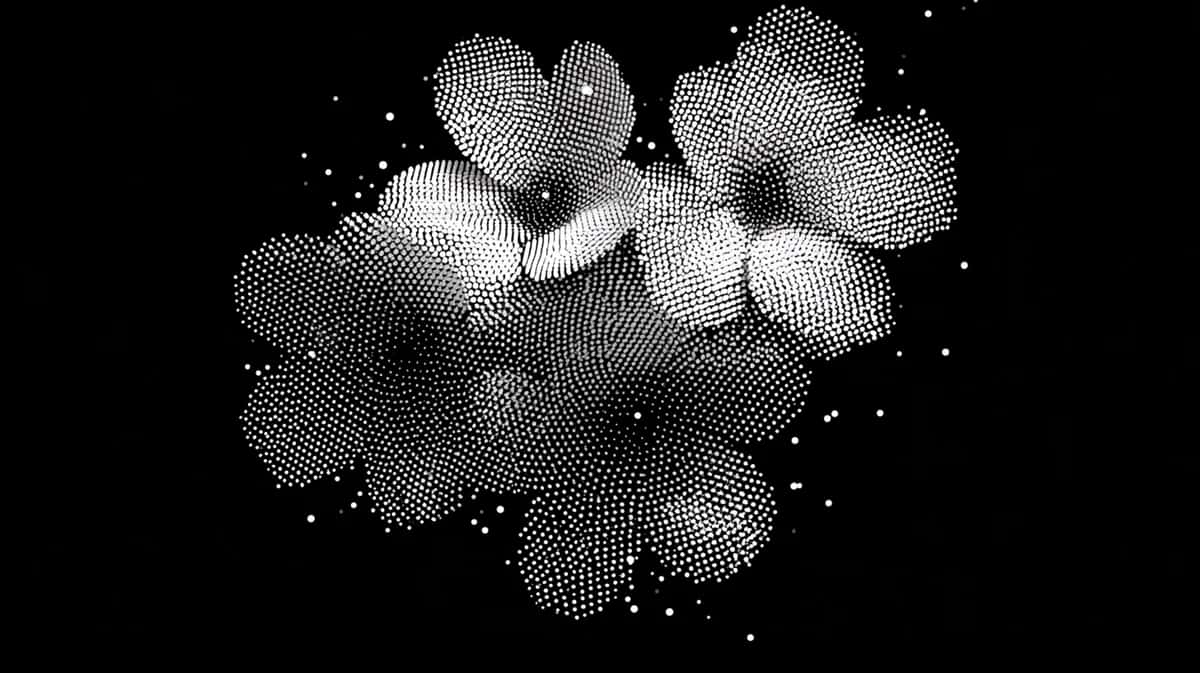 Abstract white particle clusters scattered on black background, ethereal floating composition