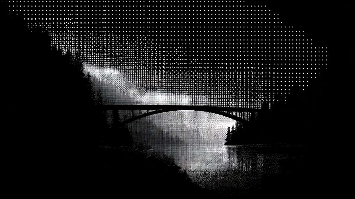 Bridge over dark water at night with dotted texture overlay, monochromatic grayscale palette