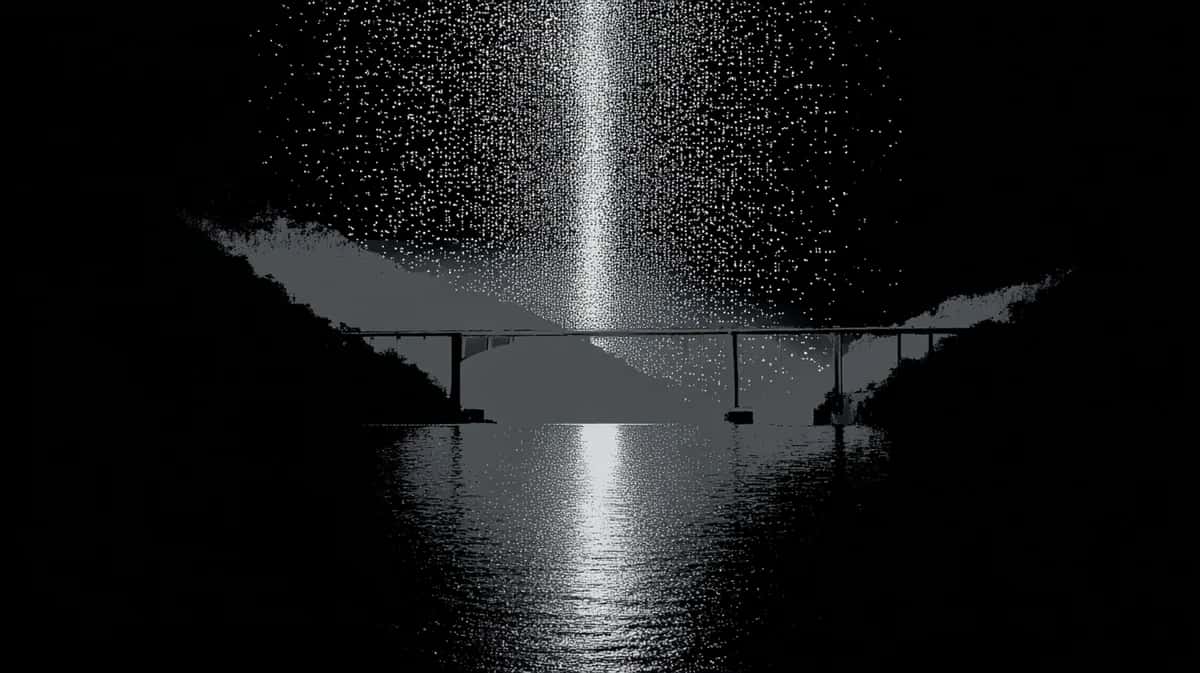 Dramatic water spray fountain at night, grayscale, symmetrical composition with bridge silhouette