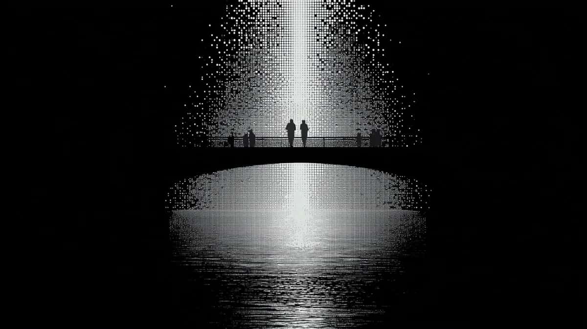 Two silhouetted figures standing on arched bridge, monochromatic grayscale with dramatic light rays reflecting on water below