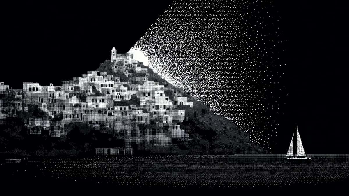 Hillside village at night with sailboat, monochromatic grayscale, dramatic starry sky