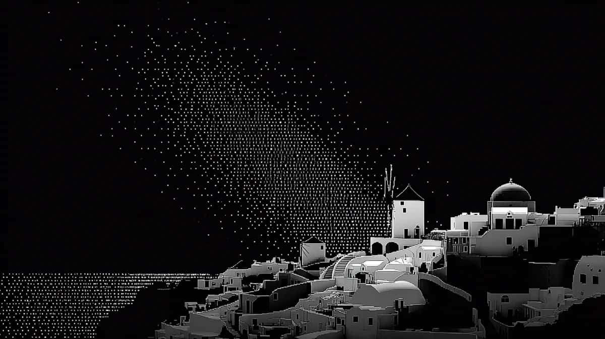 White Mediterranean architecture with domes and stairs against starry black night sky, particle effect