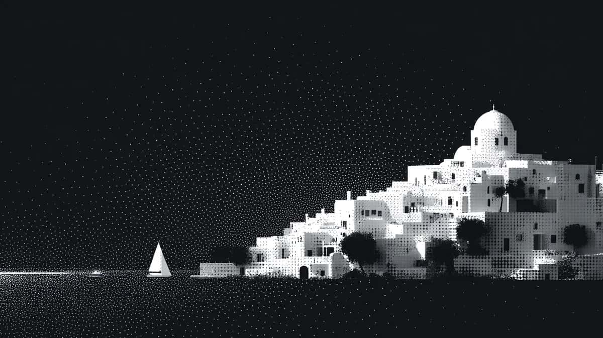 White architectural buildings against dark starry night sky, minimalist composition with sailboat