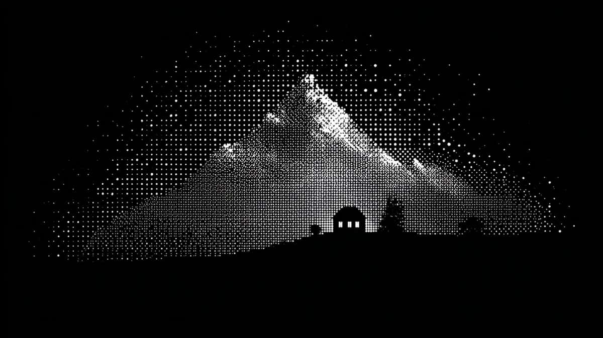 Small illuminated house nestled beneath towering snowy mountains at night, monochromatic pixelated aesthetic