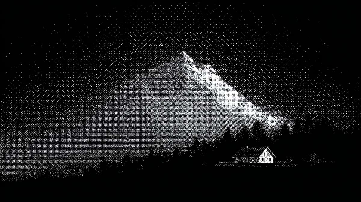 Snow-capped mountain peak illuminated against dark night sky, silhouetted forest treeline and small cabin below