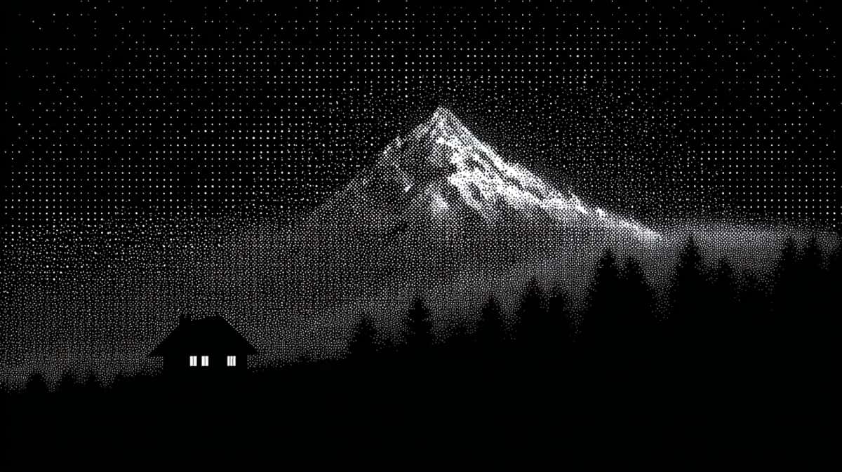Snow-capped mountain peak with illuminated cabin silhouette in dark forest, starry night sky
