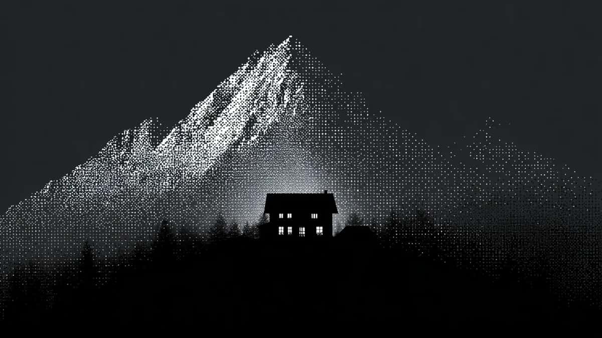 Silhouetted house beneath snow-covered mountain peak, grayscale nighttime scene