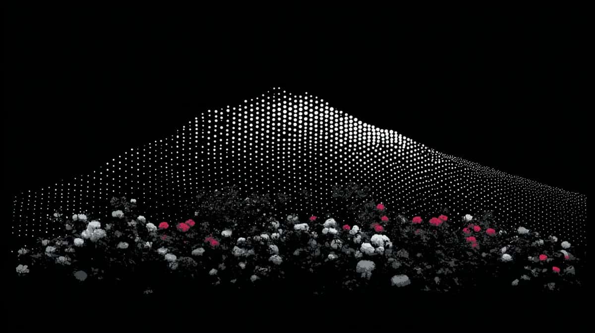 Abstract dotted mountain silhouette with scattered flowers, black background, monochromatic with pink accents