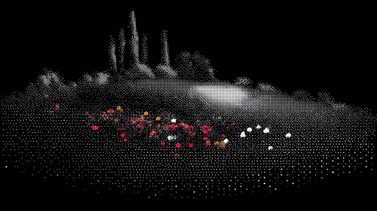 Dark abstract landscape with glowing red and white particles cascading down mountainous silhouette