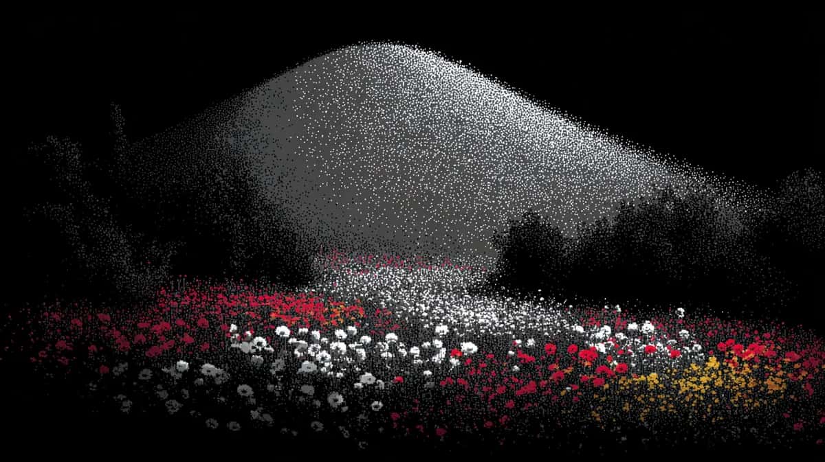 Surreal dark scene with a white stippled mound above a field of red and white flowers