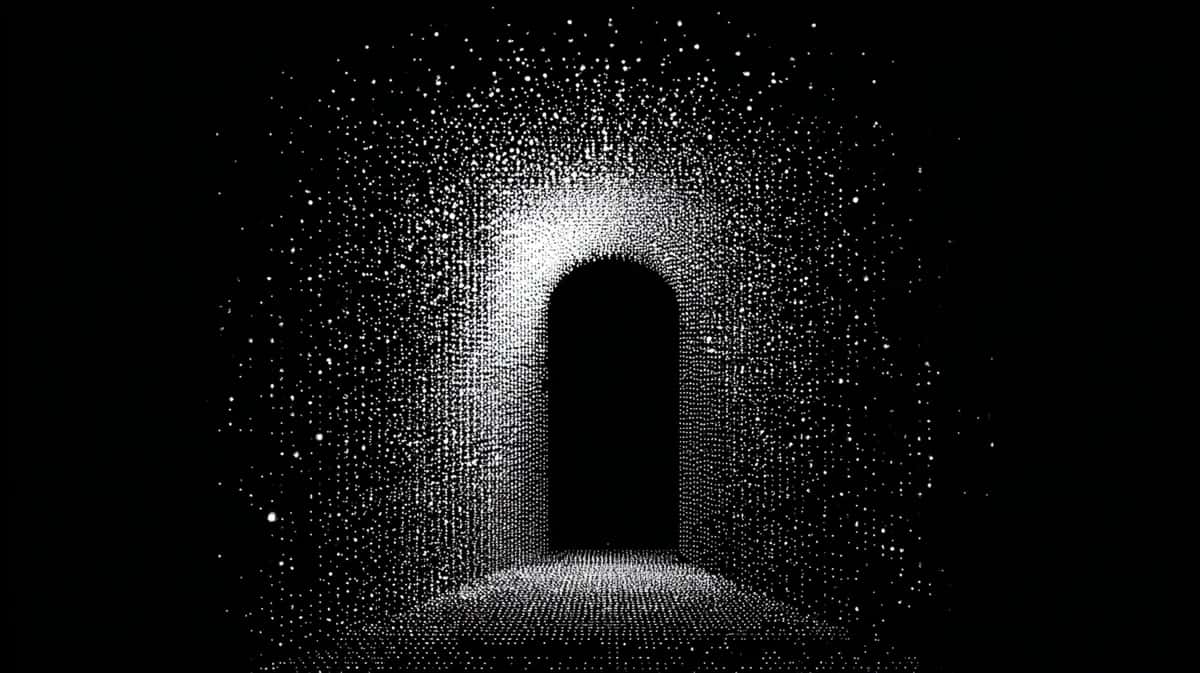 Dark archway with glowing light and particle effects, monochromatic black and white composition