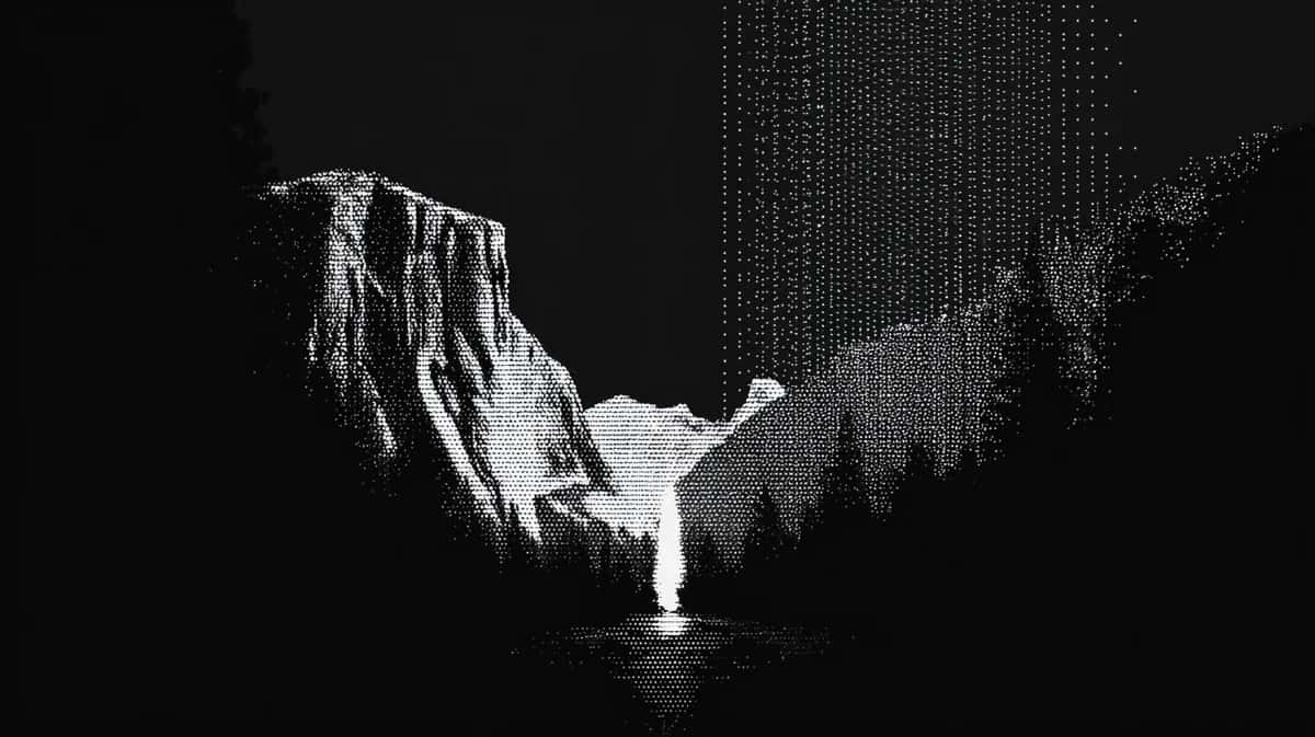 El Capitan granite cliff face illuminated against dark night sky, monochromatic landscape