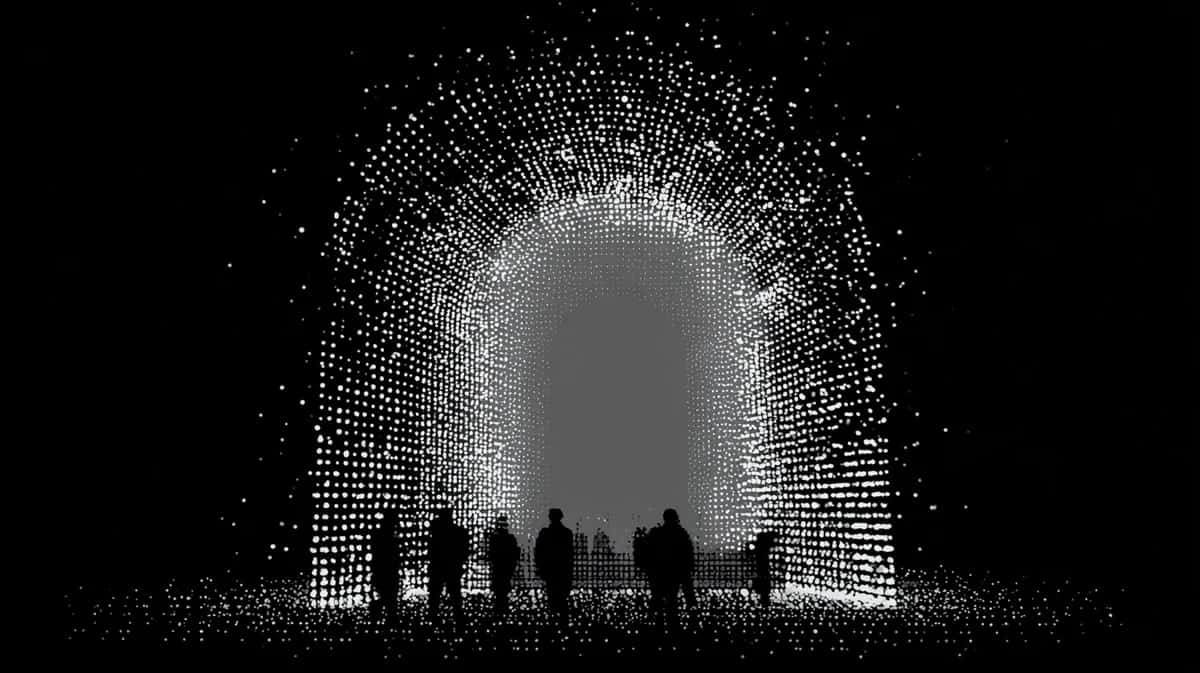 Silhouetted figures standing in tunnel with glowing white particle light effect, black background