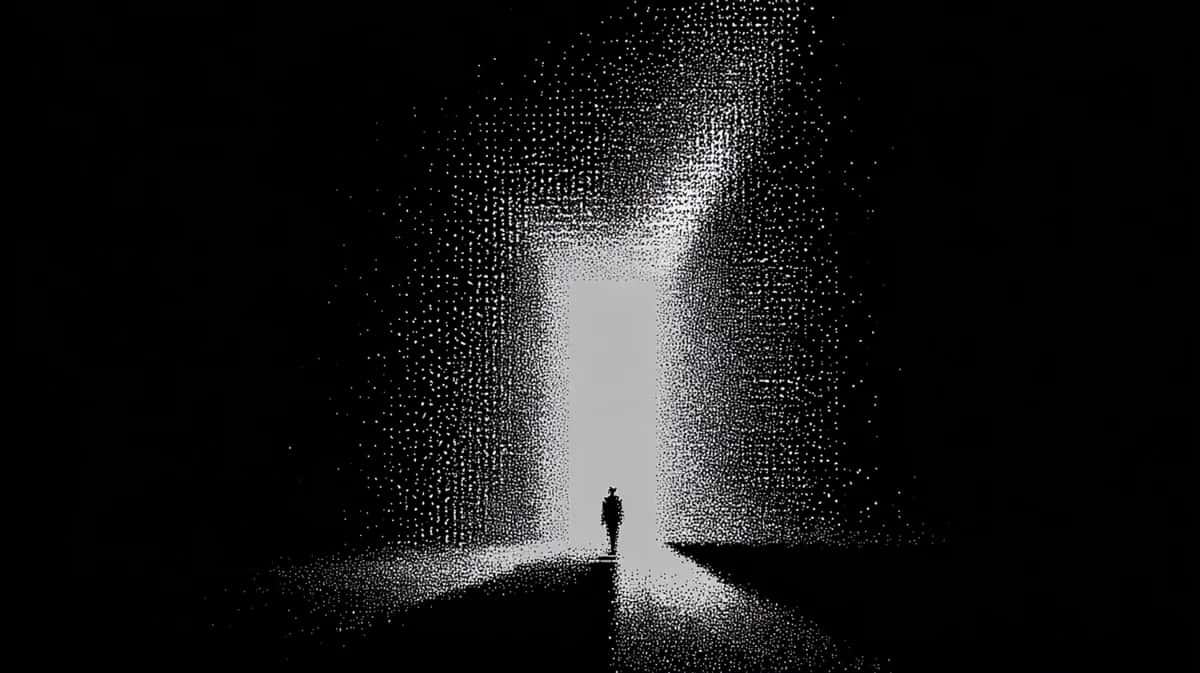 Silhouetted figure standing in doorway with dramatic light rays through grayscale textured passage