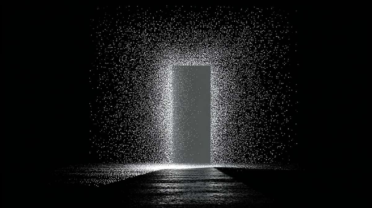 Open doorway with bright light, particles swirling around dark monochromatic entrance