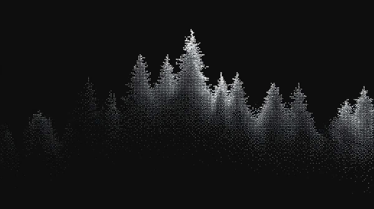 Misty evergreen forest silhouette against dark black sky, layered atmospheric trees