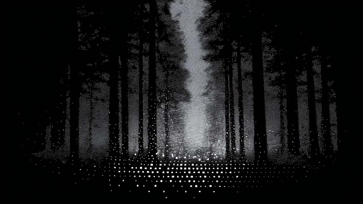 Dark forest pathway with tall trees and glowing particles, black and white atmospheric composition