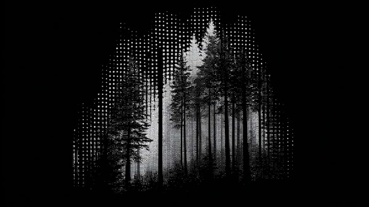 Misty forest with tall trees, double exposure halftone effect, monochromatic black and white