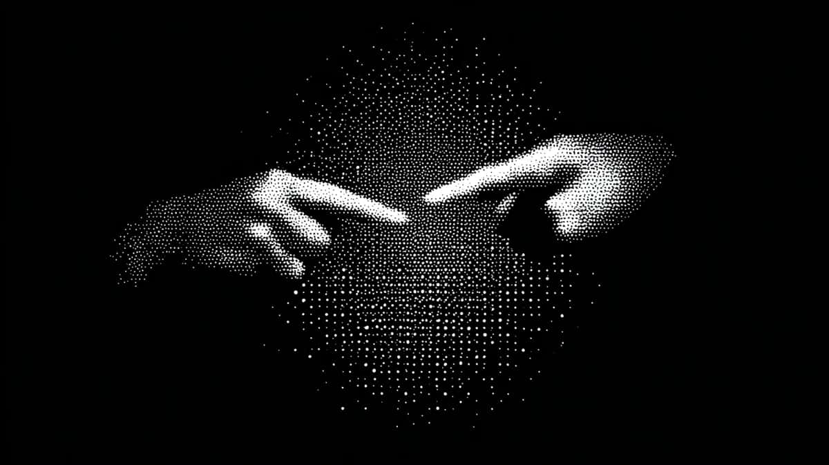 Two hands reaching toward dispersing particles against black background, monochromatic grayscale