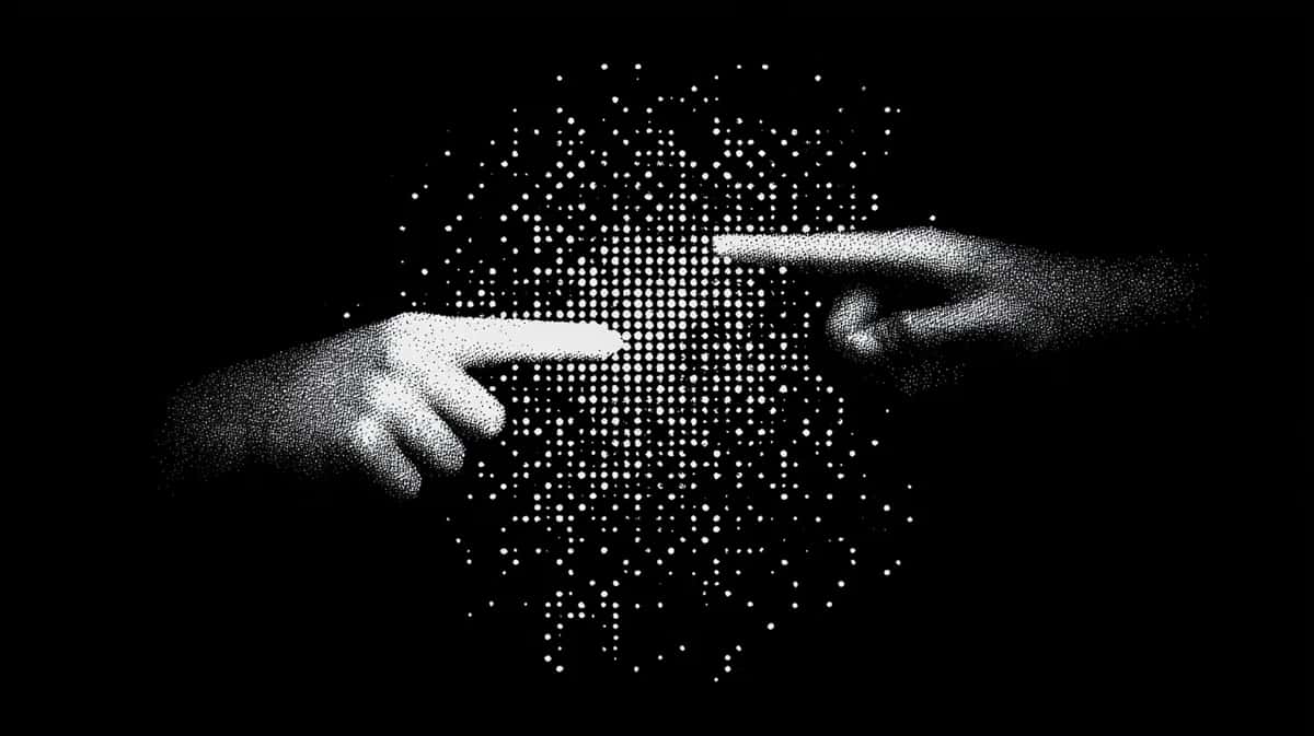 Two stippled white hands with index fingers nearly touching, formed from dots on black