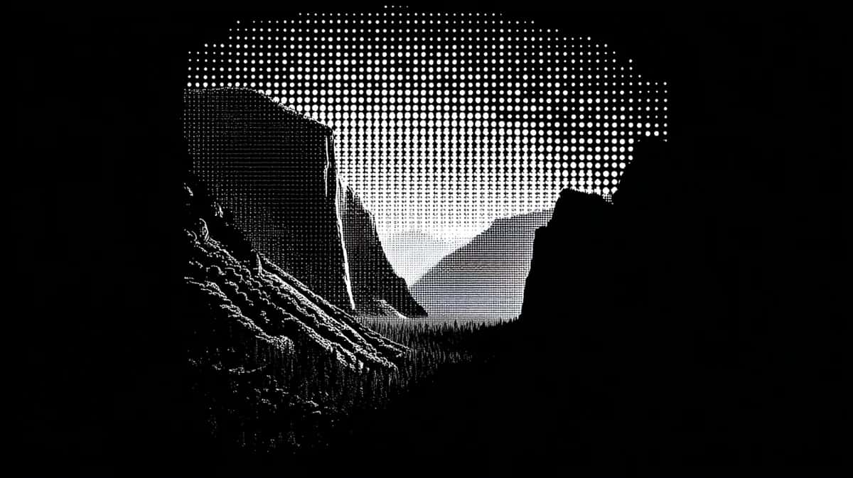 Mountain landscape viewed through cave opening, black and white halftone texture, dramatic natural framing