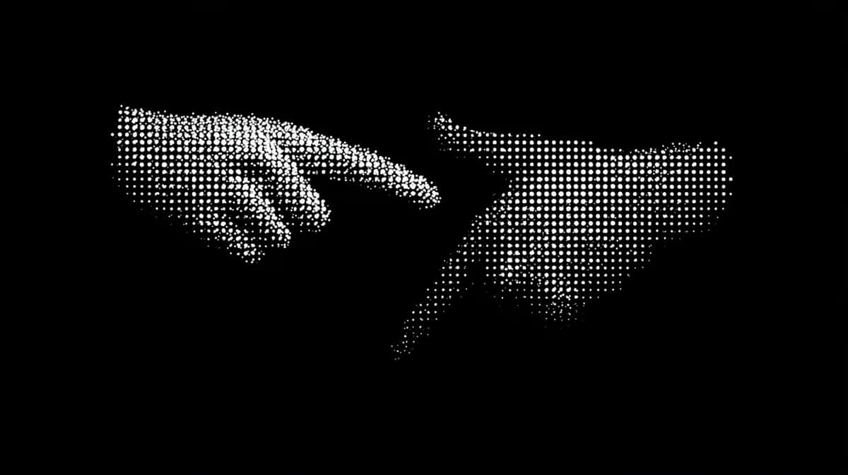 Two pixelated hands reaching toward each other on black background, dotted halftone texture