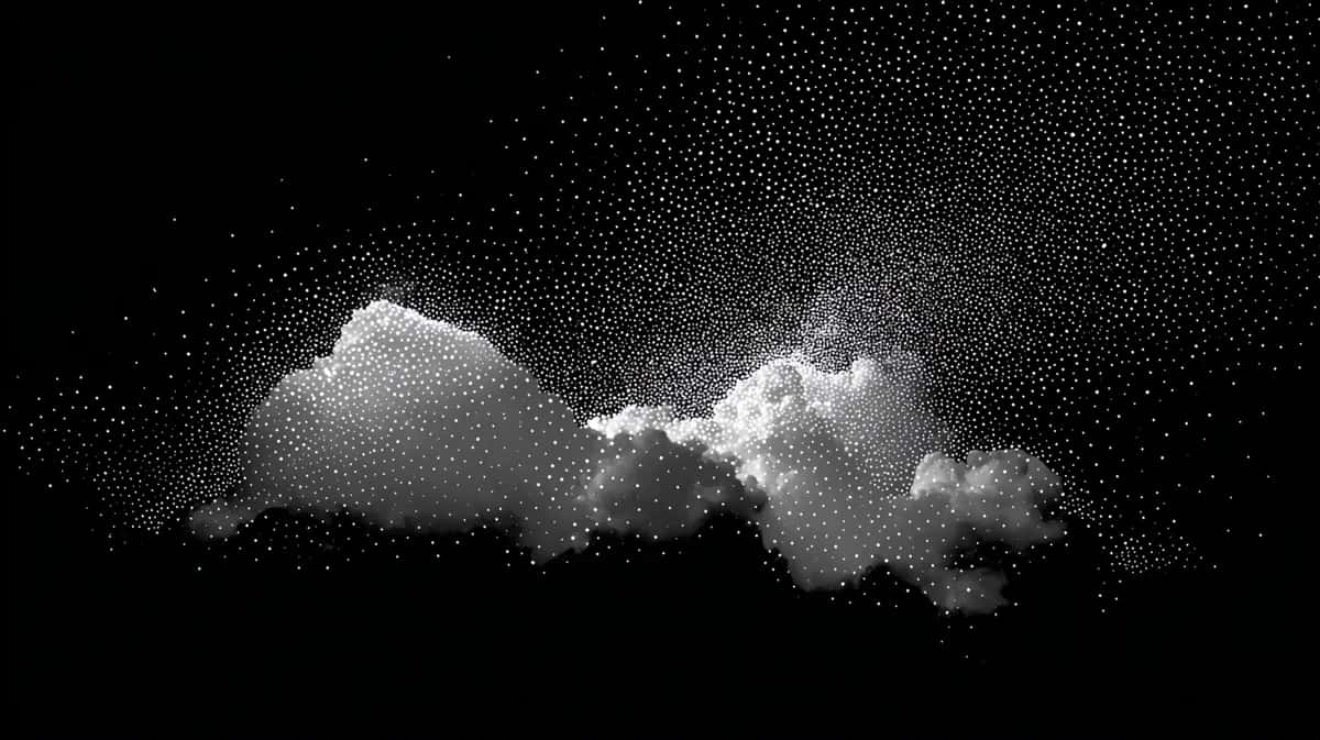 White luminous clouds against starry black night sky, ethereal atmospheric composition