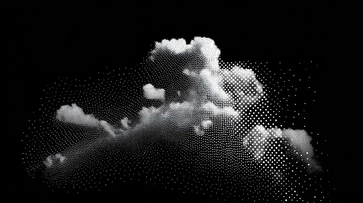 Volumetric white clouds with dotted particle texture against deep black background, dramatic lighting