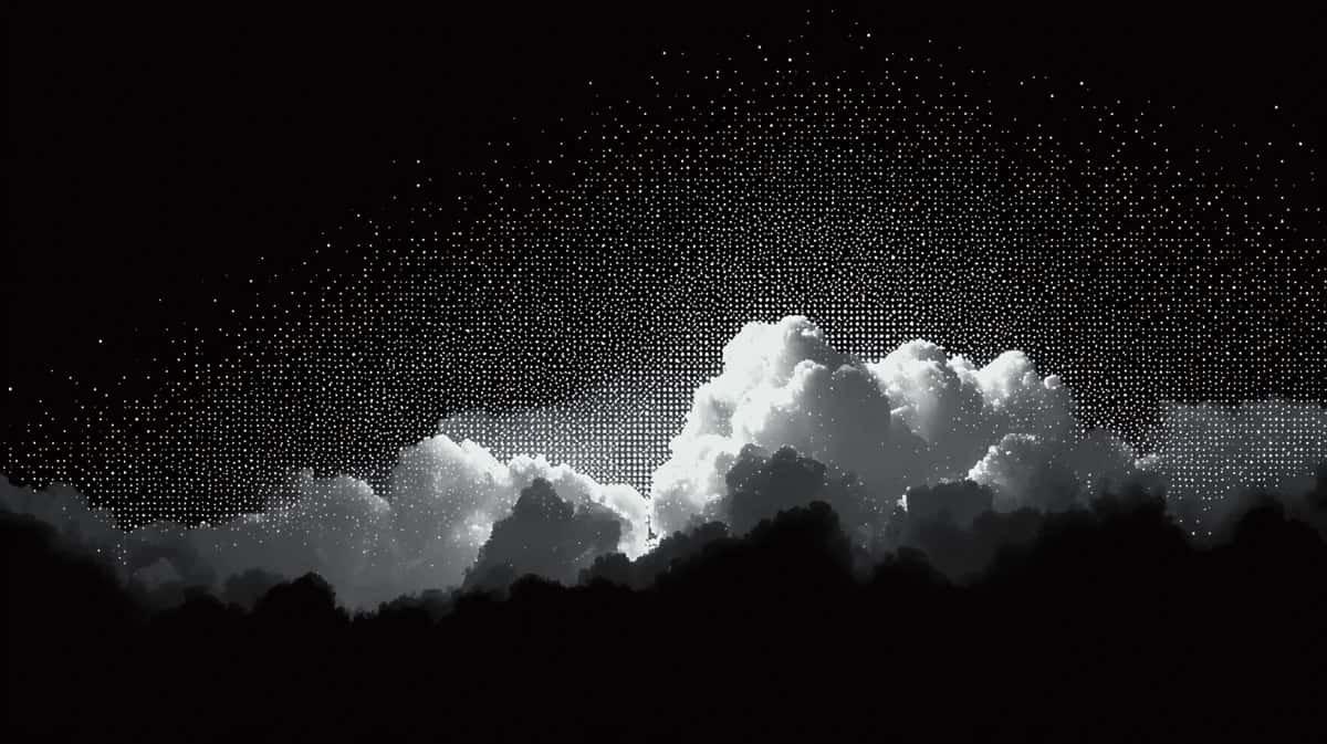 Dramatic white cumulus clouds illuminated against black starry night sky, atmospheric composition