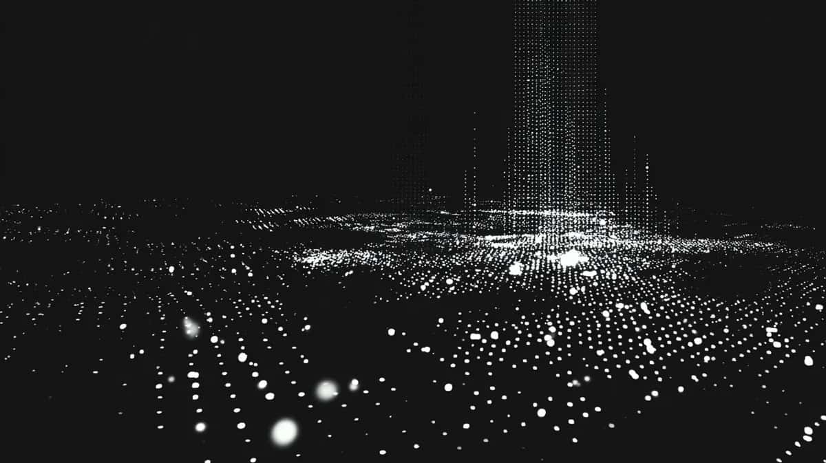 Abstract digital landscape with bright light beam, countless glowing particles on dark background