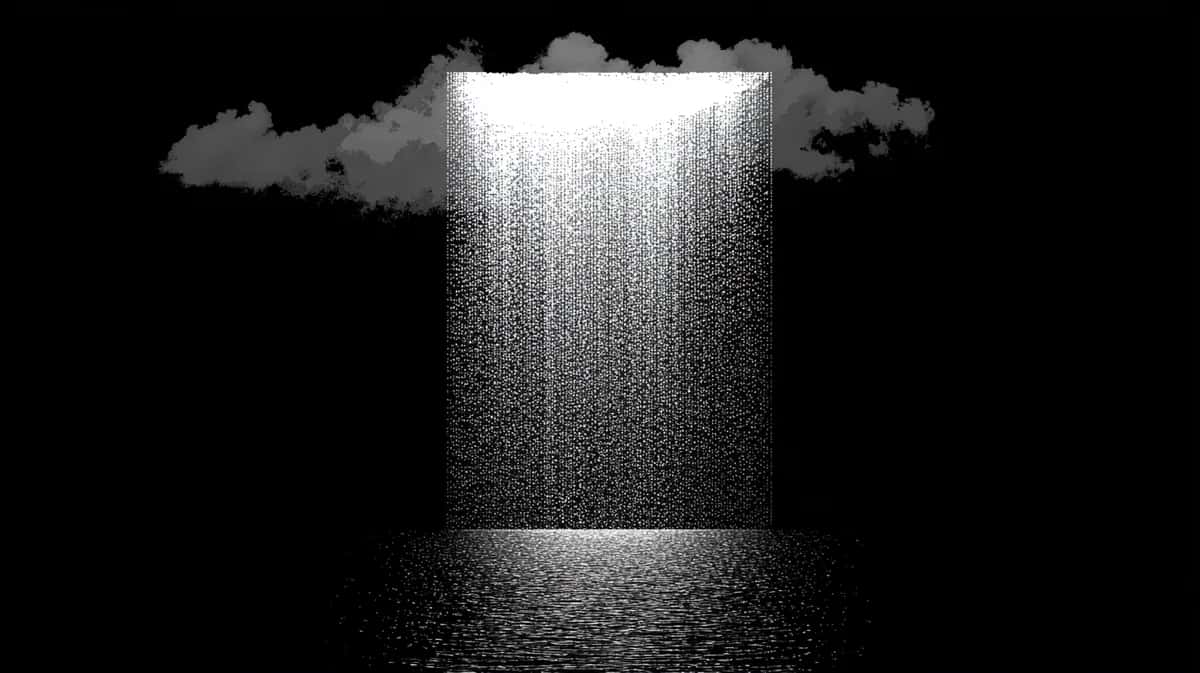Dramatic vertical light beam piercing dark sky with clouds, monochromatic noir composition
