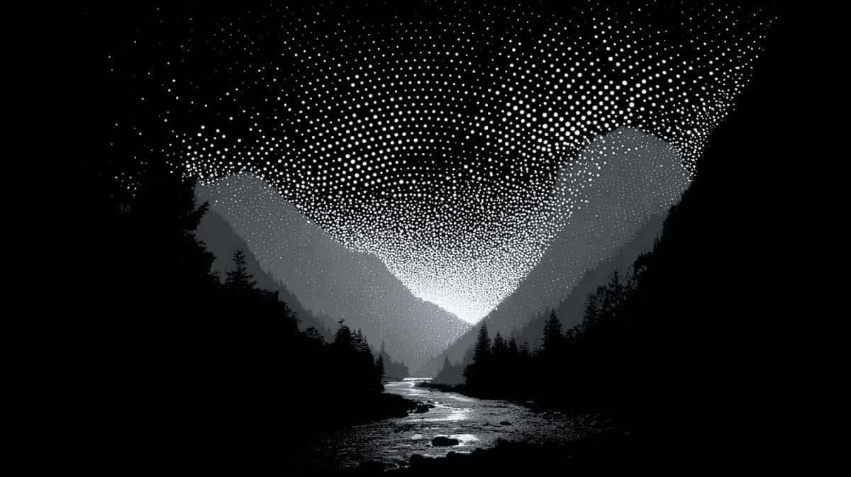 Monochrome mountain valley at night with starry sky and glowing light source between peaks