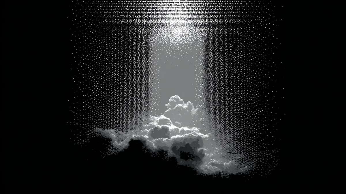 Dramatic light beam breaking through dark storm clouds, monochromatic grayscale composition, ethereal and atmospheric