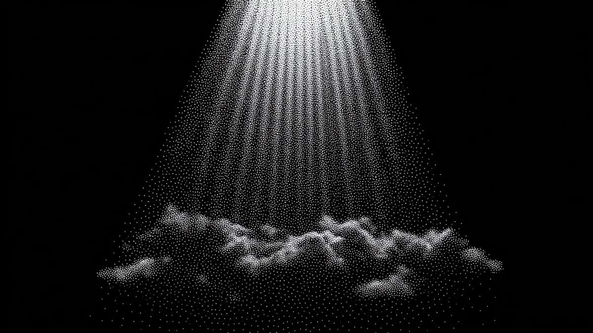Dramatic light rays piercing dark clouds against black background, monochromatic atmospheric scene