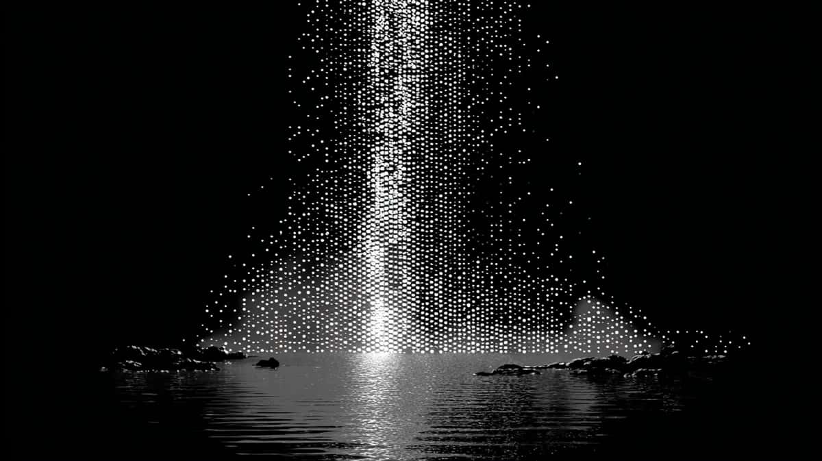 Luminous water fountain spray against black night sky, monochromatic white light, vertical composition