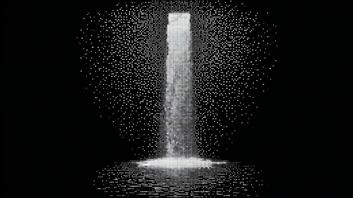 Ethereal waterfall of light particles cascading downward on black background, luminous vertical composition