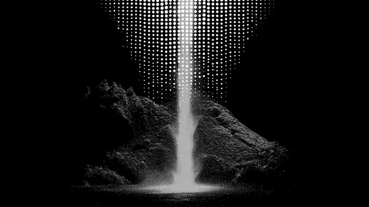 Monochromatic abstract composition featuring two rocky formations with cascading light beam, halftone gradient effect, black background