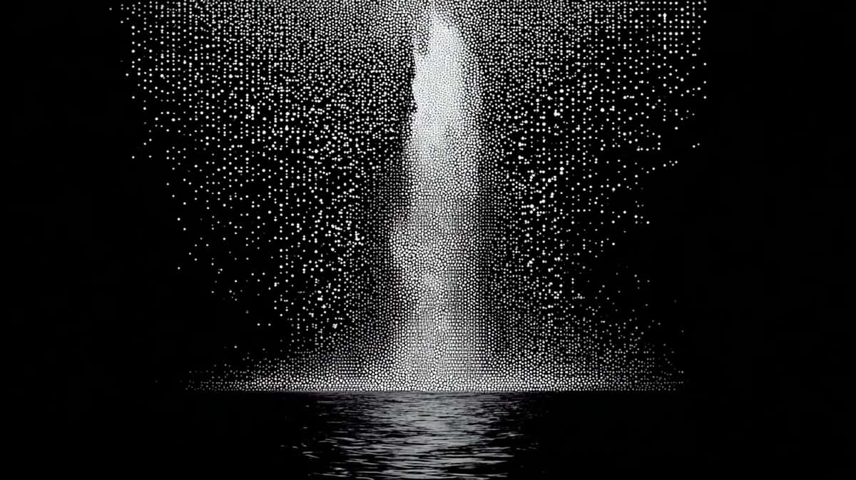 Luminous waterfall cascading into dark water, monochromatic grayscale, dramatic vertical composition