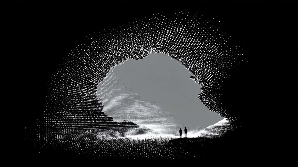 Two silhouetted figures standing in cave opening with dramatic light, monochromatic grayscale tones