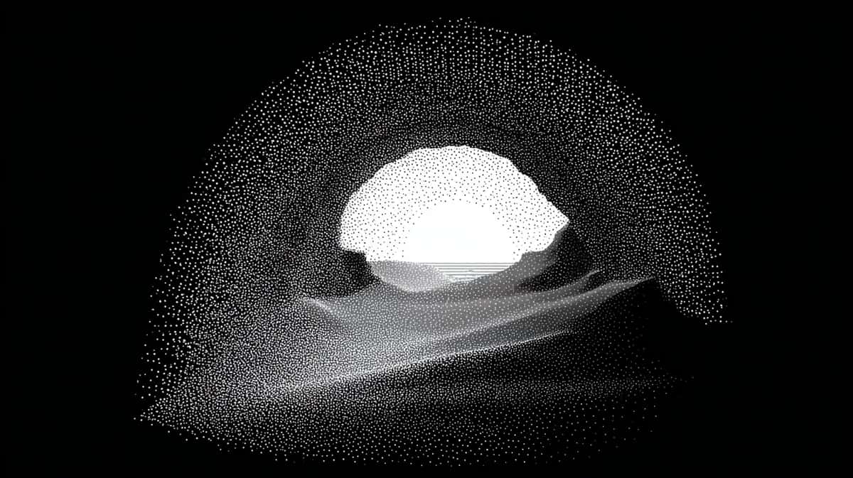 Luminous white sphere resting on curved gray form against dark textured background