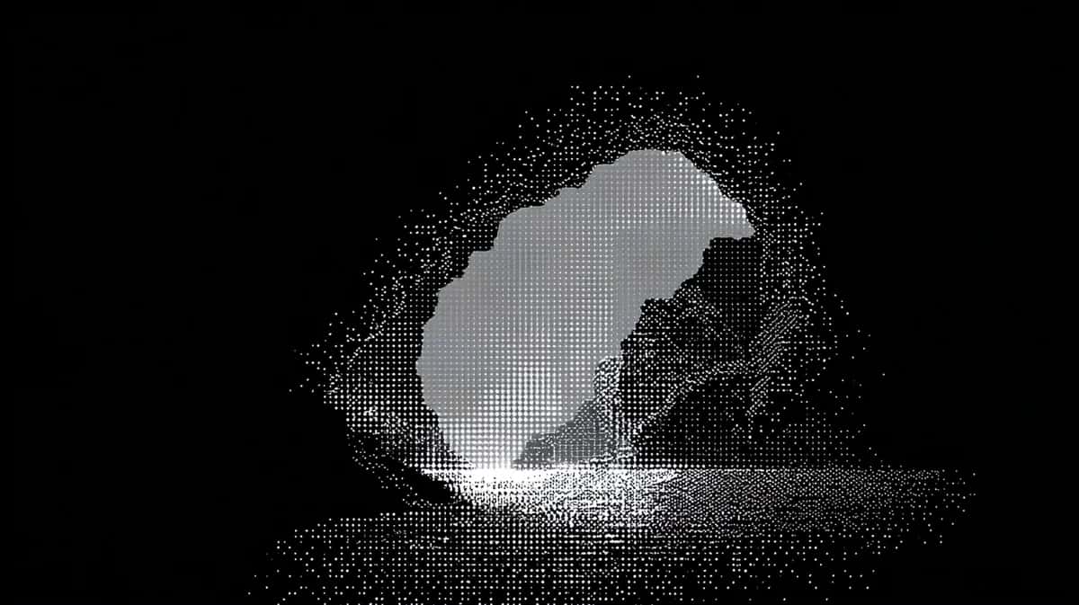 Craggy island shape built from pale stippled dots glowing above black, light burst at base