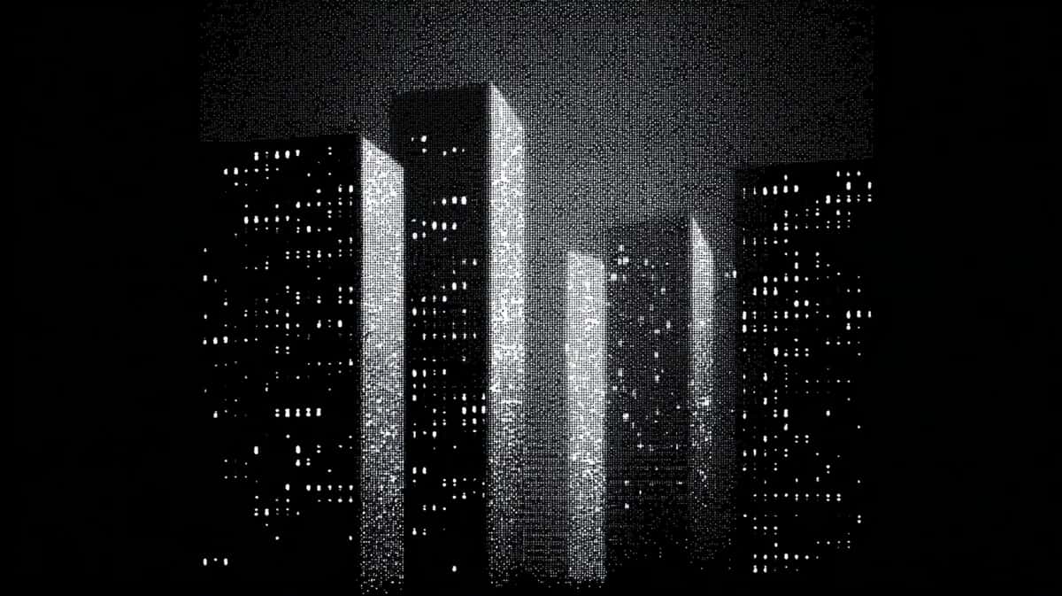 Black and white cityscape with illuminated skyscrapers against dark night sky