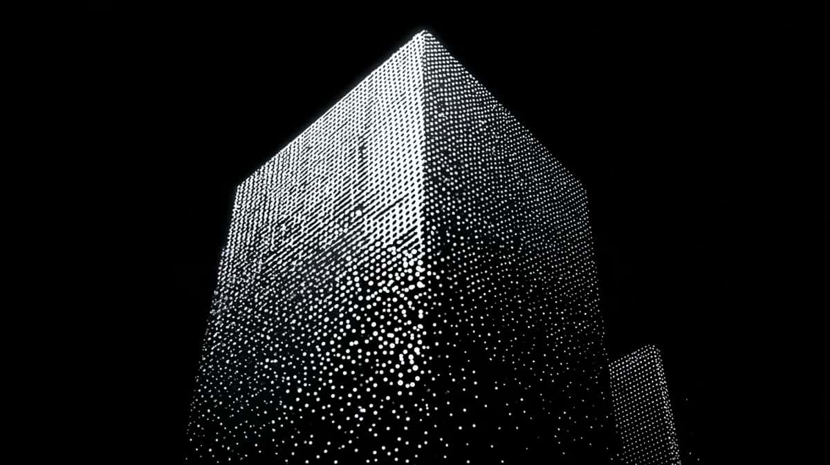 Geometric tower structure dissolving into particles, grayscale monochrome with dark background